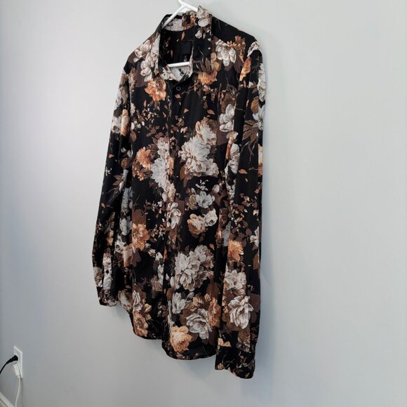 H&M Men's Size Large Button Down Bold Floral Print Black Brown Vintage Vibes - Picture 6 of 10